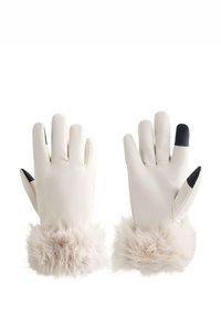 Krämfärgade handskar med en fluffig beige mudd, av ett slätt material och svarta tippan för pekskärmsanvändning.