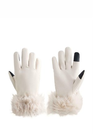 Kremne rokavice z puhastim bež robom, narejene iz gladkega materiala in z črnimi konicami prstov za uporabo na zaslonih na dotik.