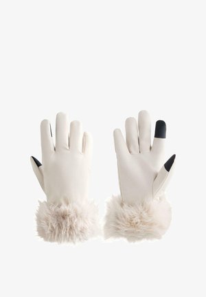 Kremne rokavice z puhastim bež robom, narejene iz gladkega materiala in z črnimi konicami prstov za uporabo na zaslonih na dotik.