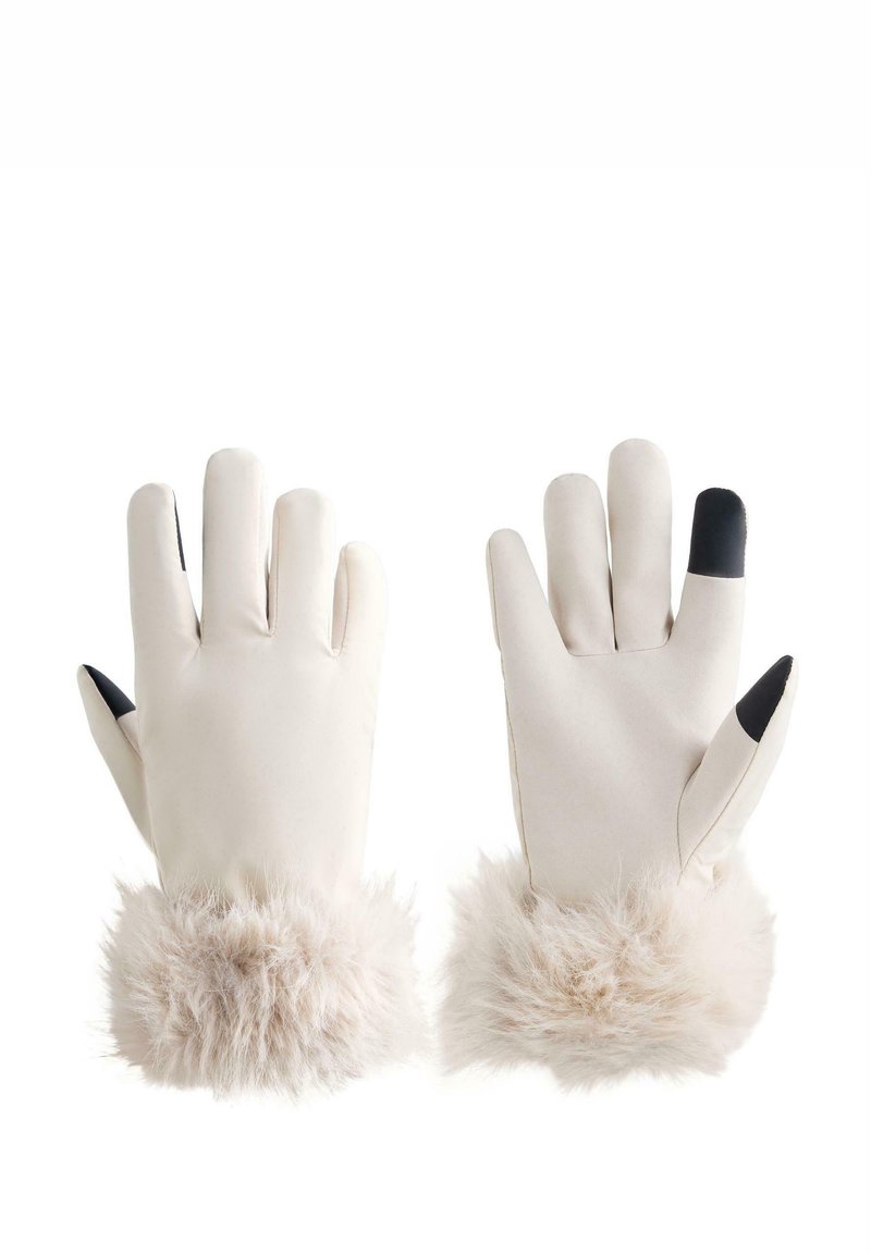 Mânuși de culoare crem cu un manșon pufos bej, având un material neted și vârfuri negre pentru utilizarea pe ecran tactil.