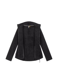 Črna zip-up jakna, mehka flis notranjost, teksturiran zunanjost, dolgi rokavi, kapučin in zadrga s pull tab-om.