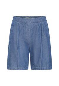 Denim šortai švelnios mėlynos spalvos, su elastinga juosta, raukšlėtu priekiu ir laisvu siluetu su tiesiomis kojomis.
