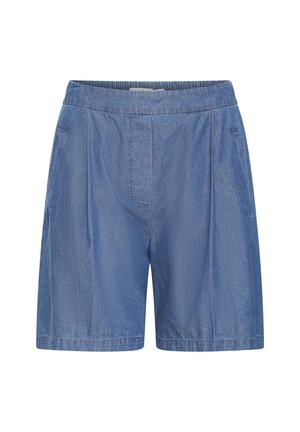 Denim shorts in a soft blue hue, featuring an elastic waistband, pleated front, and a relaxed fit with straight legs.