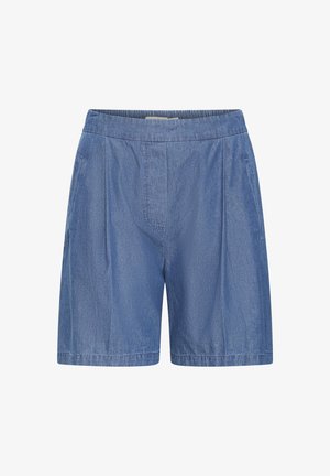 Lichtblauwe denimshorts met een elastische tailleband, geplooide voorkant en een relaxte pasvorm. Gladde textuur met subtiele stikdetails.