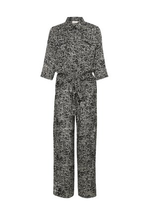 Jumpsuit con motivo in bianco e nero, colletto, maniche lunghe, vita con lacci e due tasche frontali. Design a gamba larga.