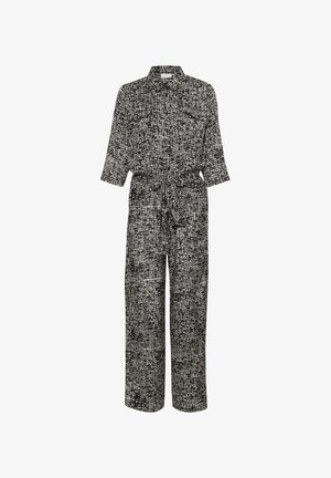 Juodai-baltas raštuotas šokinys su apykakle, ilgomis rankovėmis, kaklaraiščio juosmeniu ir dviem priekiniais kišeniais. Plati kojų dizainas.