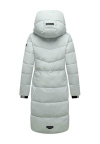 Long, light blue puffer coat with a hood, featuring horizontal quilted patterns, and black accents on the cuffs and hem.