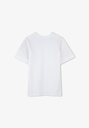 T-shirt blanc à manches courtes avec un col rond. Design simple, uni sans motifs ni embellissements supplémentaires.