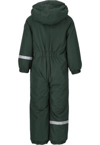 Groene gewatteerde jumpsuit met een capuchon. Voorzien van elastische manchetten en een tailleband, zijzakken en reflecterende strepen op de mouwen voor zichtbaarheid.