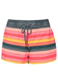 Multicolor gestreepte korte broek met roze, oranje en groene tinten. Elastische tailleband met een decoratieve gehaakte detail en verstelbare trekkoord.