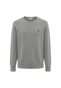 Felpa grigia girocollo in tessuto strutturato, con un piccolo logo polo nero sul petto a sinistra e polsini e orlo a coste.