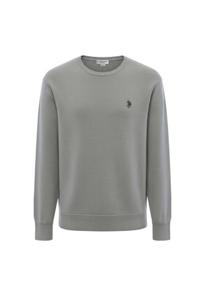 Felpa grigia girocollo in tessuto strutturato, con un piccolo logo polo nero sul petto a sinistra e polsini e orlo a coste.