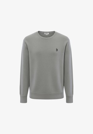 Felpa grigia girocollo in tessuto strutturato, con un piccolo logo polo nero sul petto a sinistra e polsini e orlo a coste.