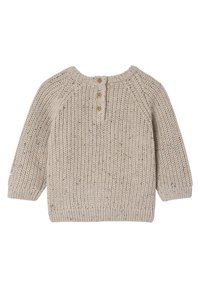 Beige gestrickter Pullover mit Rundhalsausschnitt, drei Holzknöpfen an der Vorderseite und gerippten Bündchen sowie Saum. Strukturierte, kuschelige Optik.