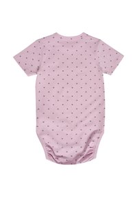 Kurzärmliger pinker Bodysuit mit kleinen navyblauen Dreiecksmustern. Verfügt über einen runden Halsausschnitt und einen Druckverschluss im Schritt für ein einfaches An- und Ausziehen.