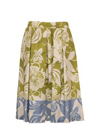 Jupe à motifs floraux avec une taille élastique ; section supérieure verte et crème passant à une section inférieure bleue et crème.