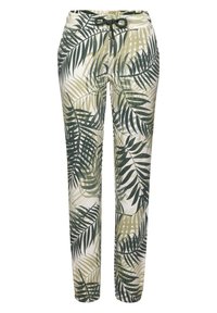 Lichte broek met een groen en beige palmbladerpatroon, elastische tailleband met trekkoord en een taps toelopend ontwerp.