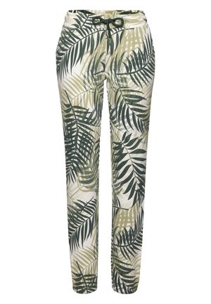 Lightweight trousers featuring a green and beige palm leaf pattern, elastic waistband with a drawstring, and a tapered leg design.