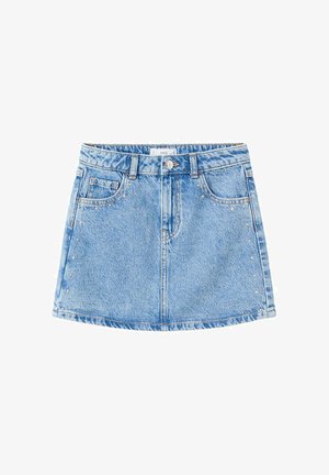 Lyseblå denim mininederdel med forlommer, bæltestropper, knaplukning og små stjerneformede nitter langs frontens sider.