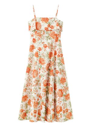 Vestido midi blanco sin mangas con tirantes finos, con estampado floral en naranja y verde y escote con volantes.