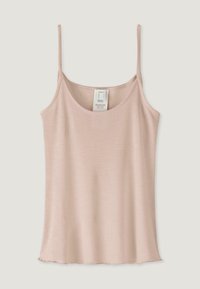 Ribbed spaghetti strap tank top in soft pink. Features a scoop neckline and a scalloped hem. Material is lightweight and stretchy.