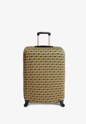 Walizka z twardą skorupą z geometrycznym wzorem w żółtym i pomarańczowym na czarnym tle. Rączka teleskopowa i cztery kółka dla łatwego przemieszczania.