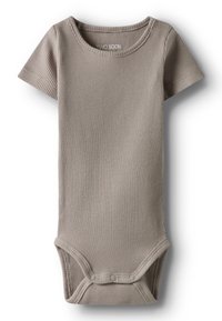 Lühikeste varrukatega béž värvi soonikkoes beebibody nööpidega all ja ümmarguse kaelusega valgel taustal.