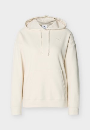 Hanorac off-white texturat cu buzunar marsupiu frontal, glugă cu șnur, mâneci cu manșete striate și logo mic Puma pe piept.