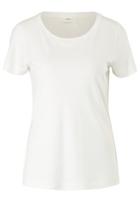 Weißes Baumwoll-T-Shirt mit Rundhalsausschnitt, kurzen Ärmeln und lockerem Schnitt. Glatte Textur mit Seitennähten und ohne sichtbare Muster.
