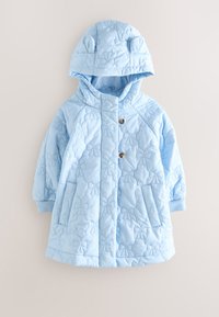 Manteau matelassé bleu clair pour tout-petits avec motifs de nœuds, capuche avec petites oreilles en tissu, deux boutons et poches avant.