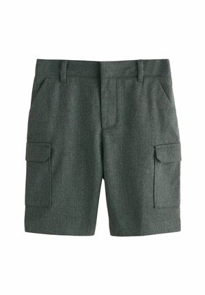Pantaloni cargo grigi con un tessuto testurizzato, caratterizzati da due tasche frontali e due tasche laterali con pattine. Include un passante per cintura.
