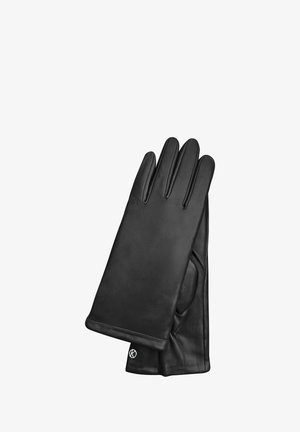 Guanti in pelle nera con una texture liscia, cinque dita, vestibilità tailored e cuciture decorative. Presentano un piccolo logo al polso.