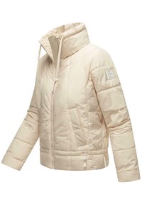 Cream puffer jacket with a high collar, two front pockets, and elasticized drawstring at the hem. Smooth texture and quilted design.