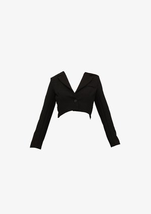 Black cropped jacket with long sleeves, structured shoulders, notch lapels, and a single button closure. Textured fabric.