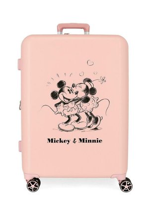 Maleta rosa con un dibujo en negro de Mickey y Minnie Mouse abrazándose, corazones arriba y el texto "Mickey y Minnie" debajo de la ilustración.