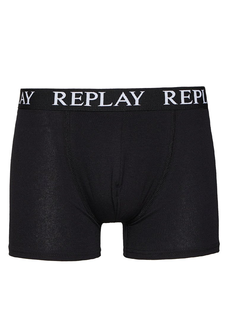 Boxers pour hommes noirs avec une large ceinture arborant le nom de la marque "REPLAY" en lettres blanches.
