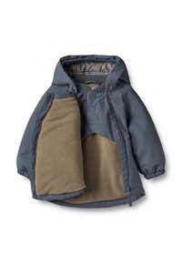 Sininen ja beige ulkotakki hupulla, jossa on pehmeä fleecevuori ja napsautettavat napit, esitellen ruudullista sisävuorta.