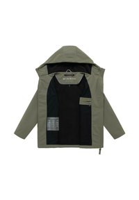 Oliivinvihreä hupullinen takki, musta vuori, rintatasku ja kangasominaisuusikonit vasemmassa sisäpaneelissa.