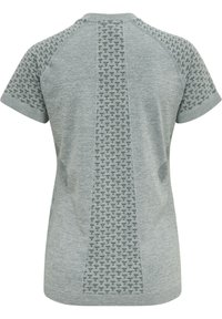 Top treningowy z krótkim rękawem w kolorze melanżowej szarości, z teksturowanym panelem wzorzystym z tyłu oraz oddychającej dzianiny dla komfortu i elastyczności.