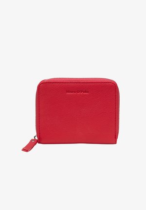 Red leather zippered wallet with stitched edges and a small pull tab on the zipper, embossed with brand name on front.