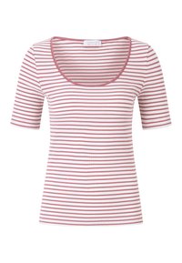Rippentop mit kurzen Ärmeln und rundem Ausschnitt, mit abwechselnden weißen und hellrosa horizontalen Streifen. Sanfte Textur.