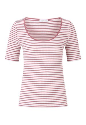 Ribbed short-sleeve top with a rounded neckline, featuring alternating white and light pink horizontal stripes. Smooth texture.