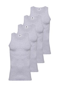 Grå bomulds tanktoppe i en pakke med fire. Har en rund halsudskæring, ærmeløs design og blød tekstur. Etiketter synlige ved halsen.