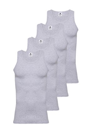 Grå bomulds tanktoppe i en pakke med fire. Har en rund halsudskæring, ærmeløs design og blød tekstur. Etiketter synlige ved halsen.