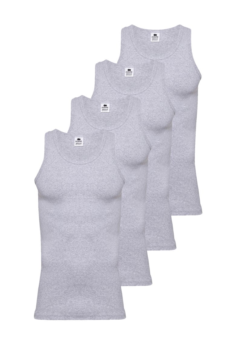 Grå bomulds tanktoppe i en pakke med fire. Har en rund halsudskæring, ærmeløs design og blød tekstur. Etiketter synlige ved halsen.