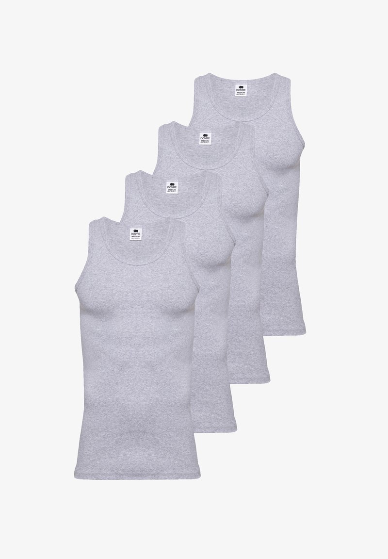 Grå bomulds tanktoppe i en pakke med fire. Har en rund halsudskæring, ærmeløs design og blød tekstur. Etiketter synlige ved halsen.