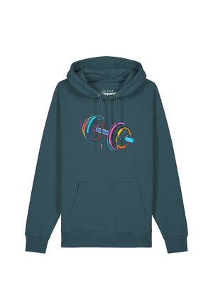 Türkisfarbener Kapuzenpullover mit Fronttasche und farbiger Grafik einer Langhantel mit mehrfarbigen Gewichtsscheiben in der Brustmitte.
