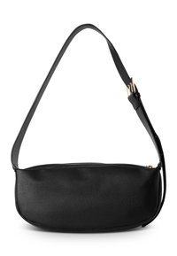 Schwarze Leder-Crossbody-Tasche mit strukturierter Oberfläche, ovaler Form, verstellbarem Tragegurt und goldfarbenen Hardware-Akzenten.