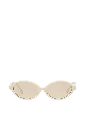 Roomkleurige ovale zonnebril met lichtbeige getinte glazen en slanke gebogen veren op een witte achtergrond.