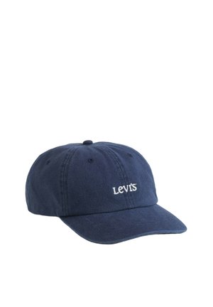 Marineblå baseballkasket med buet skygge og hvidt Levi's logo broderet foran i midten.